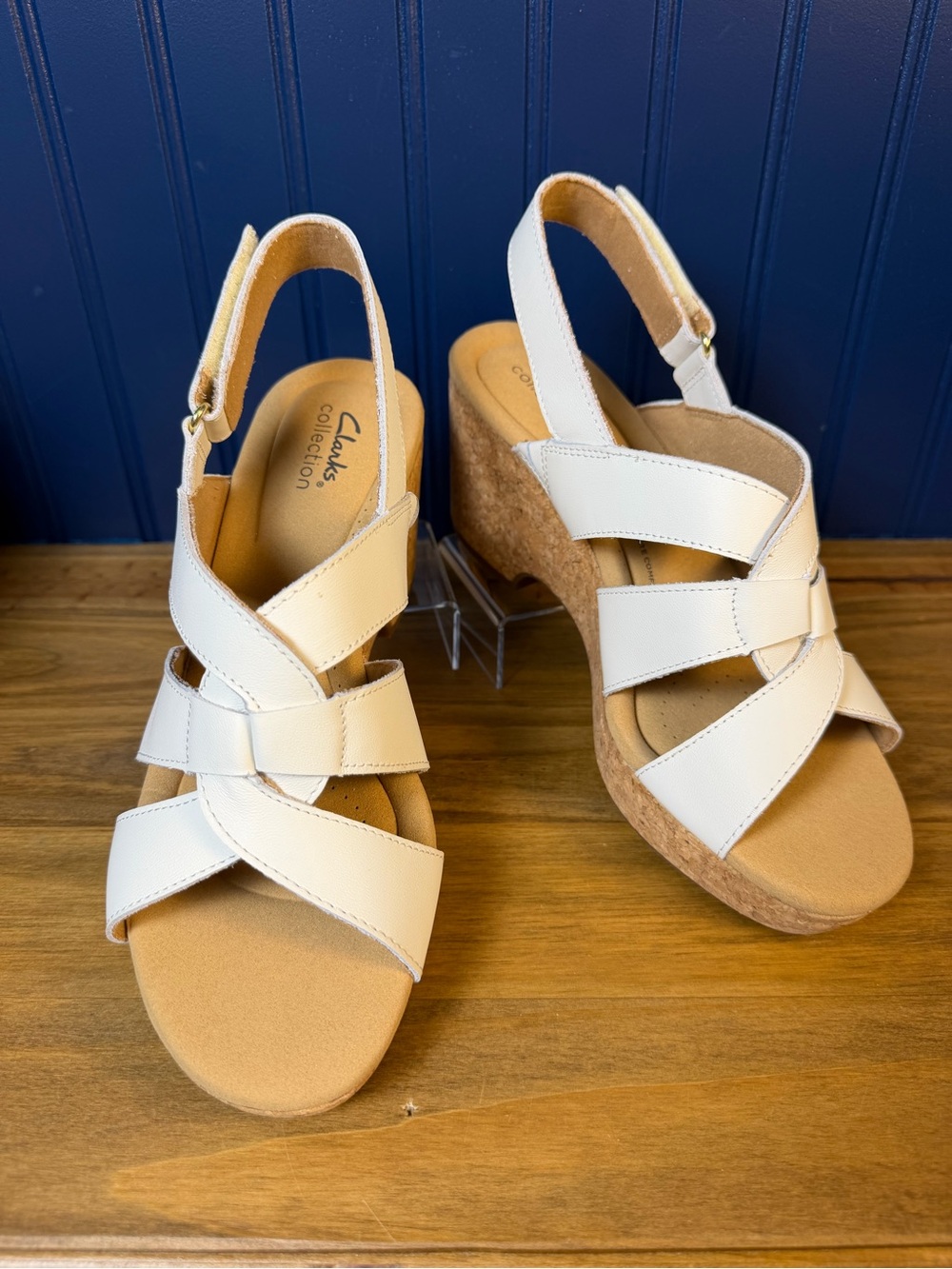 Clarks Giselle Beach White Leather Cork Wedge Sandals Women’s 9.5 Wide NIB
